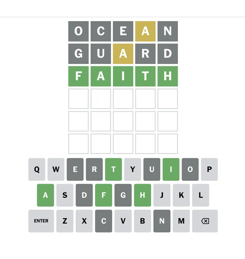 Wordle Solver Step 5: Try a new word from the updated Wordle Solver results like FAITH